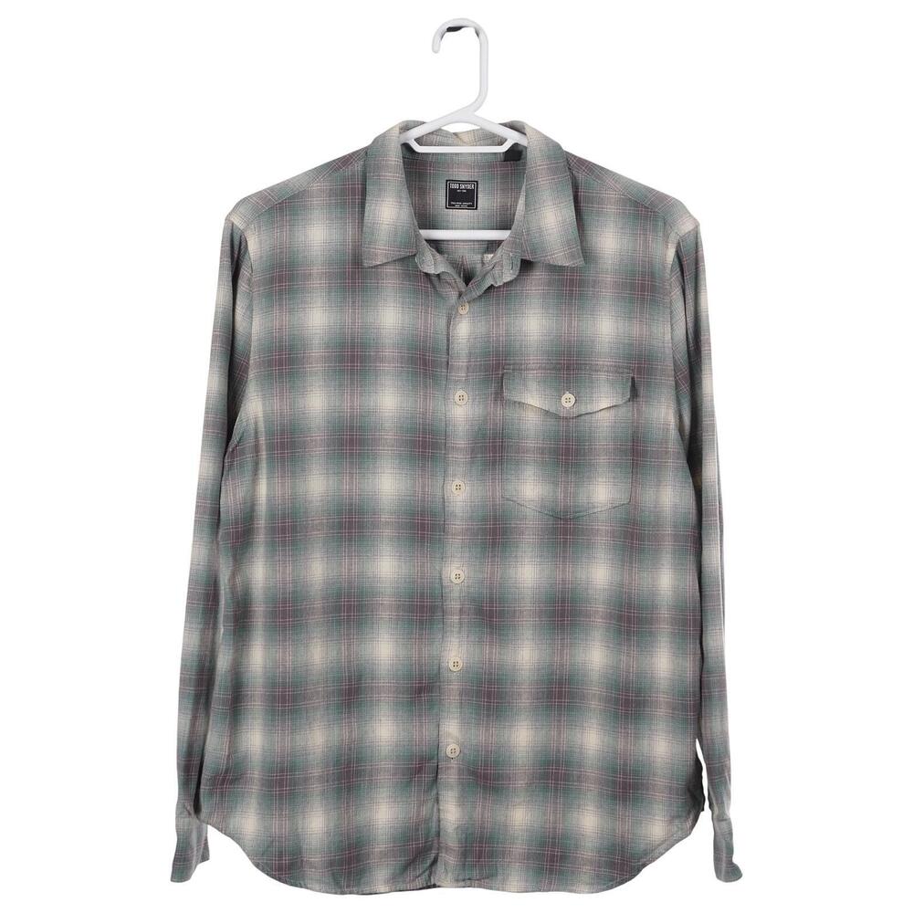 TODD SNYDER Shirt XL Green Beige Plaid Cotton Long Sleeve Button Up Casual